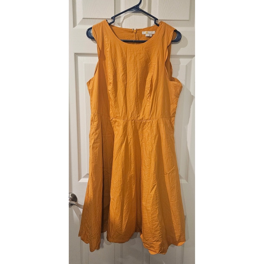 Boden Judith Dress 12R Ochre Yellow Cotton Poplin Scallop Pockets Fit Flare - Picture 2 of 8